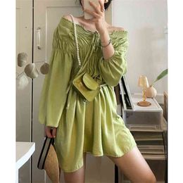 One-shoulder Shirt Dress Women's Summer Short Design Niche Green Long-sleeved 210529