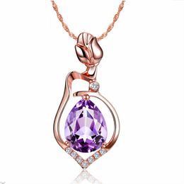 Crystal Womens Necklaces Pendant Amethyst female rose gold flower short 925 jewelry clavicle chain silver plated