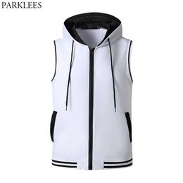 Men's Hit Colour Sleeveless Zip-up Hooded Vest Tshirt Slim Fit Zipper Trim Workout Tank Tops Bodybuilding Fitness Muscle T-shirt 210522