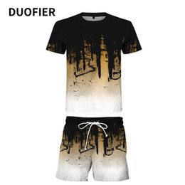 Summer Men Sets Tracksuit Short Sleeve Sportsuit Fashion Trend Well Ink Printing Tshirt + Shorts Suit Casual Wild Sportswear 6XL 210603
