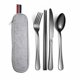 Black Cutlery Set Portable Travel Cutlery Set Stainless Steel Dinner Cutlery Bag Fork Spoons Knives Dinnerware Set Chopsticks 210317