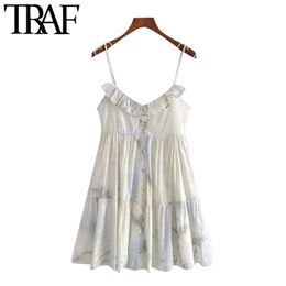 Women Chic Fashion Tie-Dye Print Ruffled Mini Dress Vintage Backless With Lining Thin Straps Female Dresses Mujer 210507