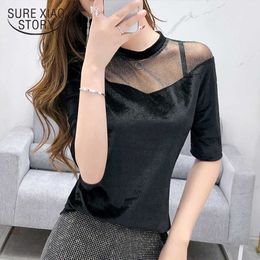 Fashion women Spring Mesh Hollow Solid Sexy Middle Sleeve Female O-Neck Bottom Women Shirt Women Tops and Blouses 210527