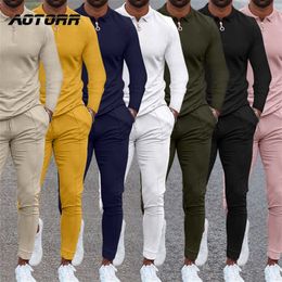 2 Pieces Sets Tracksuit Men Autumn Zipper Sweatshirt +Drawstring Pants Male Long Sleeve Slim Fit Jogger Running Sportswear 220215
