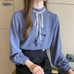 Korean Lantern Long Sleeve Ruffle Shirt Women Office Lady Plus Size Chiffon Blouse Solid Pullover Ladies Tops 10509 210508