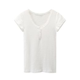 PUWD Y2K Cute Girl Cotton Hollow Out Lace T-Shirt Fashion Ladies Slim Short Sleeve Button Top Summer O Neck Tees 220315