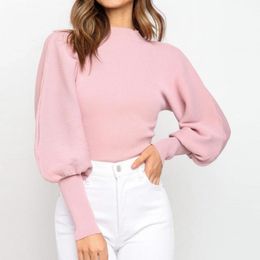 Women's Sweaters 2022 Spring/Autumn Women Sweater Fashion Solid Color Turtle Neck Long Puff Sleeve Knitted Pullover Jumper Top