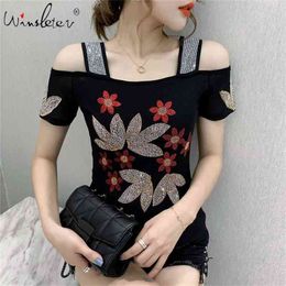 Summer Fashion European Clothes T-shirt Sexy Off Shoulder Diamonds Mesh Women Tops Ropa Mujer All Match Tees New T06625 210324