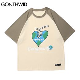 GONTHWID Short Sleeve Tees Hip Hop Harajuku Men Colour Block Patchwork Broken Heart Print Cotton T-Shirts Casual Streetwear Tops C0315