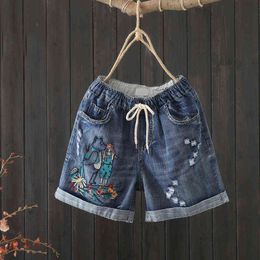 Arrival Summer Women Vintage Ripped Jeans Shorts Patchwork Embroidery Loose Casual Elastic Waist Denim S909 211129