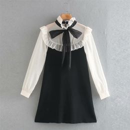 Summer Women Sweet Mini Dress Spliced knitting Long Sleeve Bow Tie Ruffles es Female Elegant Vintage vestidos 210513