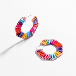 hexagon huggie earrings Canada - Fashion Rainbow Raffia Wrapped C Shape Hexagon Hoop Earrings For Women Brand Designer Jewelry Wholesale & Huggie