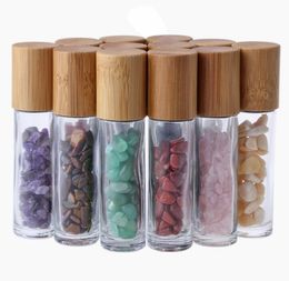 10ml Essential Oil Roller Bottles Glass Roll on Perfume Bottles with Crushed Natural Crystal Quartz Stone Crystal Roller Ball Bamboo Cap colorful silicone cover