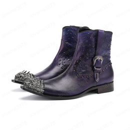 Winter Men Purple Shoes Fashion Man Genuine Leather Ankle Boots Pointed Toe Cowboy Short Boots Rivets Western Boots