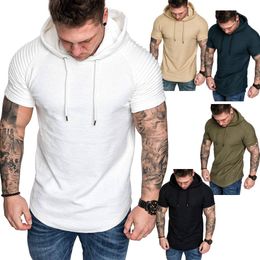 Mens T Shirt Wrinkle Raglan Short Sleeve Hooded Topshirts Male Army T-Shirt Casual Sports Hoody Top Tees Military Tshirts Hip Hop Undershirt Streetwear Teeshirts