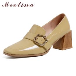 Meotina Genuine Leather Shoes Women High Heel Pumps Square Toe Chunky Heels Footwear Female Buckle Fashion Shoes Spring Size 42 210520