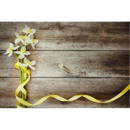 Party Decoration Antique Wooden Board Backdrop Yellow Floral Ribbon Background Birthday Wedding Holiday Po Booth Studio Props