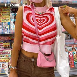 HEYounGIRL Heart Sleeveless Knitted Crop Top Sweater Vest Summer Pink Casual 90s Pullover Knitwear Fashion Streetwear 211009