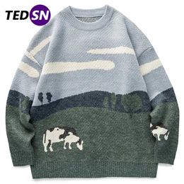 TEDSN Men Cow Vintage Winter Sweater Pullover O-Neck Korean Knitted Sweater Women Casual Harajuku Knit Streetwear Oversize 220108