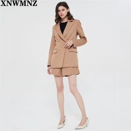 Za women buttoned blazer Long sleeve lapel collar defined shoulders flap pockets vent double-breasted metal button camel 210930