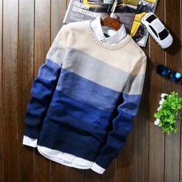 Autumn Winter Wool Striped Sweater Mens Brand Casual Blue Male Sweater O-Neck Slim Fit Knitting Men Sweaters Pullovers 50 210813