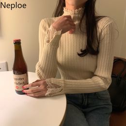 Neploe Lace Half Turtleneck Sweaters Women's Slim Fit Knitted Pullovers Pull Femme Long Sleeve Solid Colour Jumper Tops Female 210422