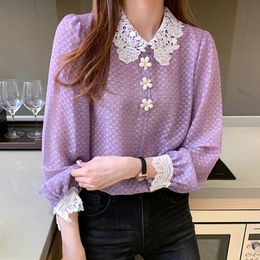 Korean Women Blouse Chiffon s Long Sleeve Lace Embroidery Shirts Woman Peter Pan Collar Dot Plus Size 210427