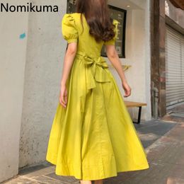 Nomikuma Elegant Fashion Big Bow Party Dress Solid Colour Short Puff Sleeve Dresses Female Vintage Korean Style Vestidos 3a498 210514