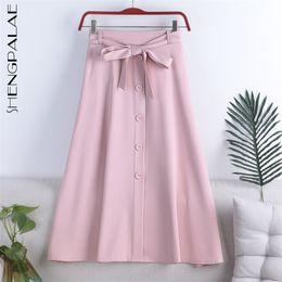 Solid Colour High Waist Skirt Women's Spring A-type Button Swing Lace Up Mid Length Female Fashion 5C16 210427