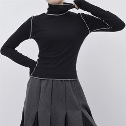 [EAM] Spring Autumn High Collar Long Sleeve Solid Colour Black Reffles Split Joint Loose T-shirt Women Fashion Tide 210317