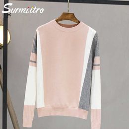 Surmiitro Sweater Female Autumn Winter Fashion Patchwork Knitted Jumper For Women Ladies Pullover Tricot Knitwear Pink 210712