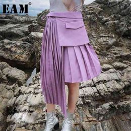 [EAM] High Waist Purple Pleated Bandage Split Joint Asymmetrical Half-body Skirt Women Fashion Spring Autumn JH351 210629
