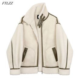 FTLZZ Winter Lambs Wool Splicing PU Leather Jacket Women Fur Collar Warm Thick Parkes Stand Collar Faux Lamb Loose Leather Coat 210916