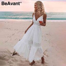 BeAvant Embroidery cotton white summer dress women Sexy v neck spaghetti strap long dress High waist button casual dress female 210325