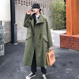 Autumn Men's Mid-length Trench Loose Wide Coats Youth Fashion Windbreaker Long Midcoats Army Green Clothes Jackets M-XL 210524