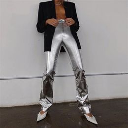 Fashion Streetwear Smooth Reflective Straight Pants Silver PU Leather High Waist Zipper Casual Slim Pile Up Long Trousers 210517
