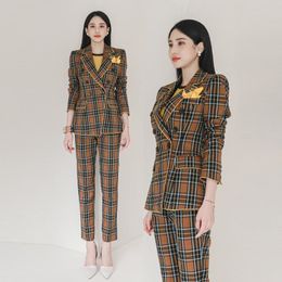Spring Autumn Fashion Women's Pantsuit Slim Elegant British Style Coffee Plaid Blazer Jacket High Waist Pants Two-Piece Suit Set 210514