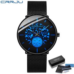 Men Watch Fashion CRRJU Men's Blue Ultra-thin Mesh Strap WristWatch Retro Hollow Flower Cool Casual Waterproof Men Watch 210517