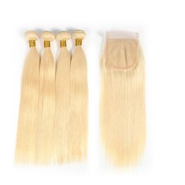 Top Quality Brazlian Virgin Hair Straight wave Lace Closure 613 Blonde 3 Bundles