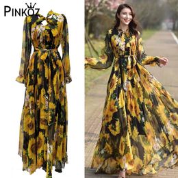 summer maxi dress sun flower printed chiffon loose plus size long party lacr up bow collar beach es vestidos 210421