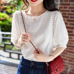 Summer Korean Fashion Women's Lantern Sleeve Loose Shirts Embroidery Cotton Lace O-neck Casual Blouses Plus Size 13440 210521