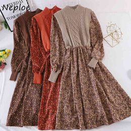 Neploe Vintage Floral Print Drawstring Women Dress Knitted Patchwork Fake Two Piece Vestidos Fashion Femme Robe Dresses 1H403 210423