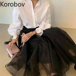 Korobov Women Sets Korean Elegant White Shirts and High Waist Polka Dot Mesh Mid Skirts 2 Pieces Sets 210430