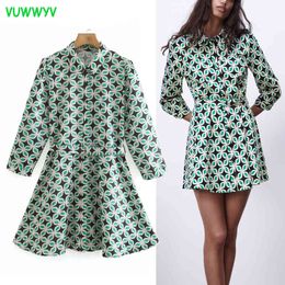 VUWWYV Green Print Shirt Collar Woman Dress Summer Chic Belt Out Going Mini Women Long Sleeve Front Button Vestido 210430
