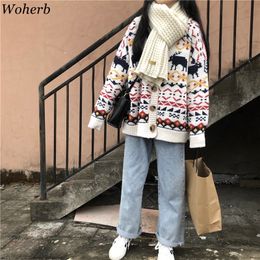 Kawaii Sweet Autumn Sweater Female Cardigan Loose Knit Coat Cute Cartoon Print V Neck Jumper Jacket Damski 210422