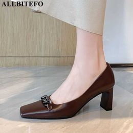 ALLBITEFO chain design natural genuine leather women heels shoes fashion cow leather shoes women's high heel shoes tacones mujer 210611