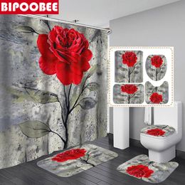 Shower Curtains Big Red Flower Art Print Curtain Waterproof Polyester Bathroom Anti-slip Bath Mat Toilet Rugs Carpet Home Decor