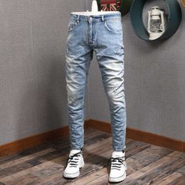 Korean Style Fashion Men Jeans Retro Light Blue Elastic Cotton Ripped for Streetwear Vintage Designer Slim Denim Pants NWSS