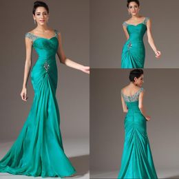 2021 Ny design Bästsäljande Mermaid V-Neck Sweep Train Chiffon Cap Sleeve Prom Klänningar Beaded Platser Rabatt Prom Lökar Formella kvällsklänningar