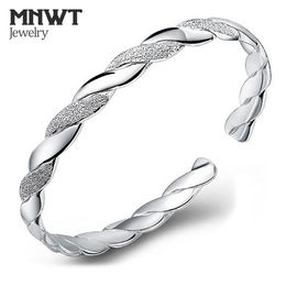 Mnwt Silver Jewelry Bracelets for Women Frosted Onterwoven Silver Plated Bangles Open Design Size Adjustable Wome's Bracelets Q0719